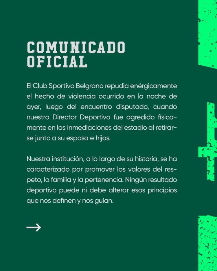 Sportivo Belgrano repudió la agresión sufrida por su Director Deportivo tras el partido ante Guillermo Brown